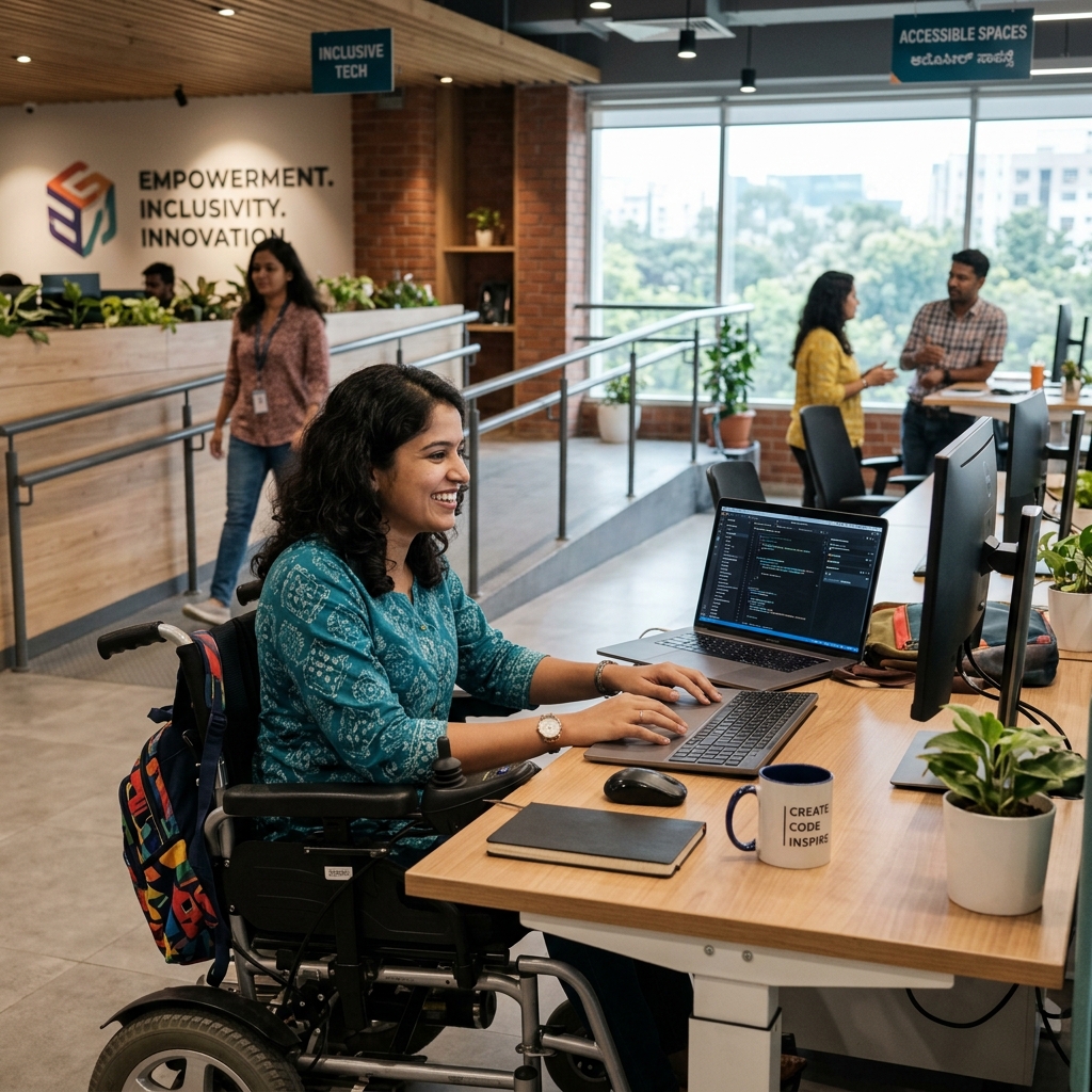 Empowered person in wheelchair working on computer