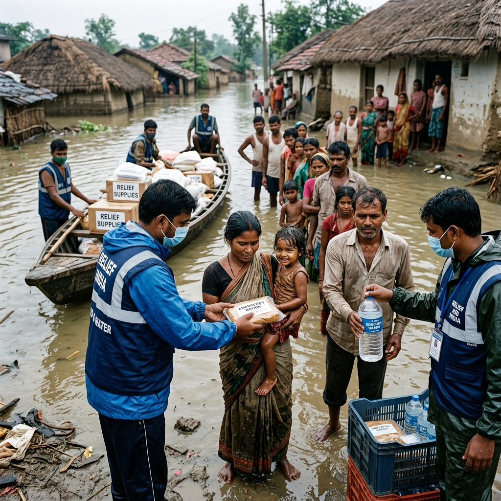 Disaster relief workers distributing aid