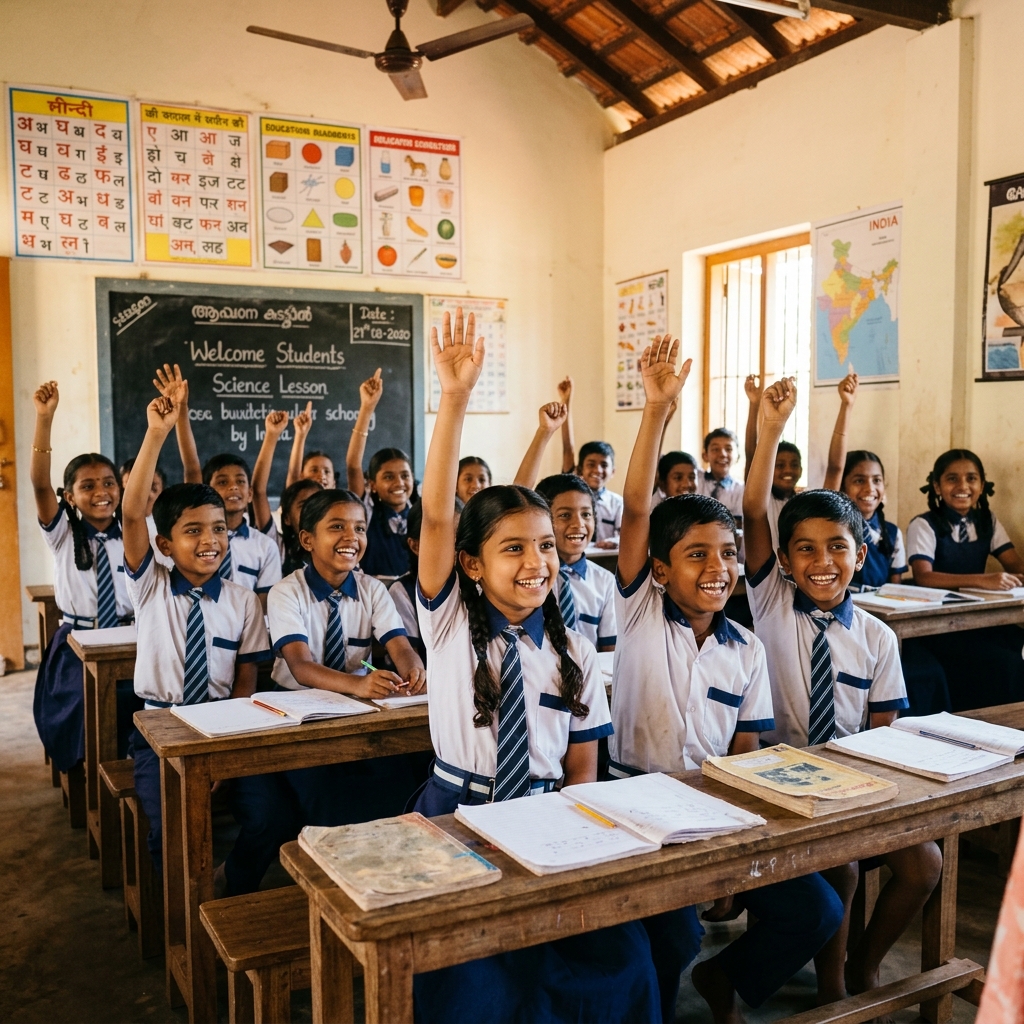 Happy children sitting in a rural classroom