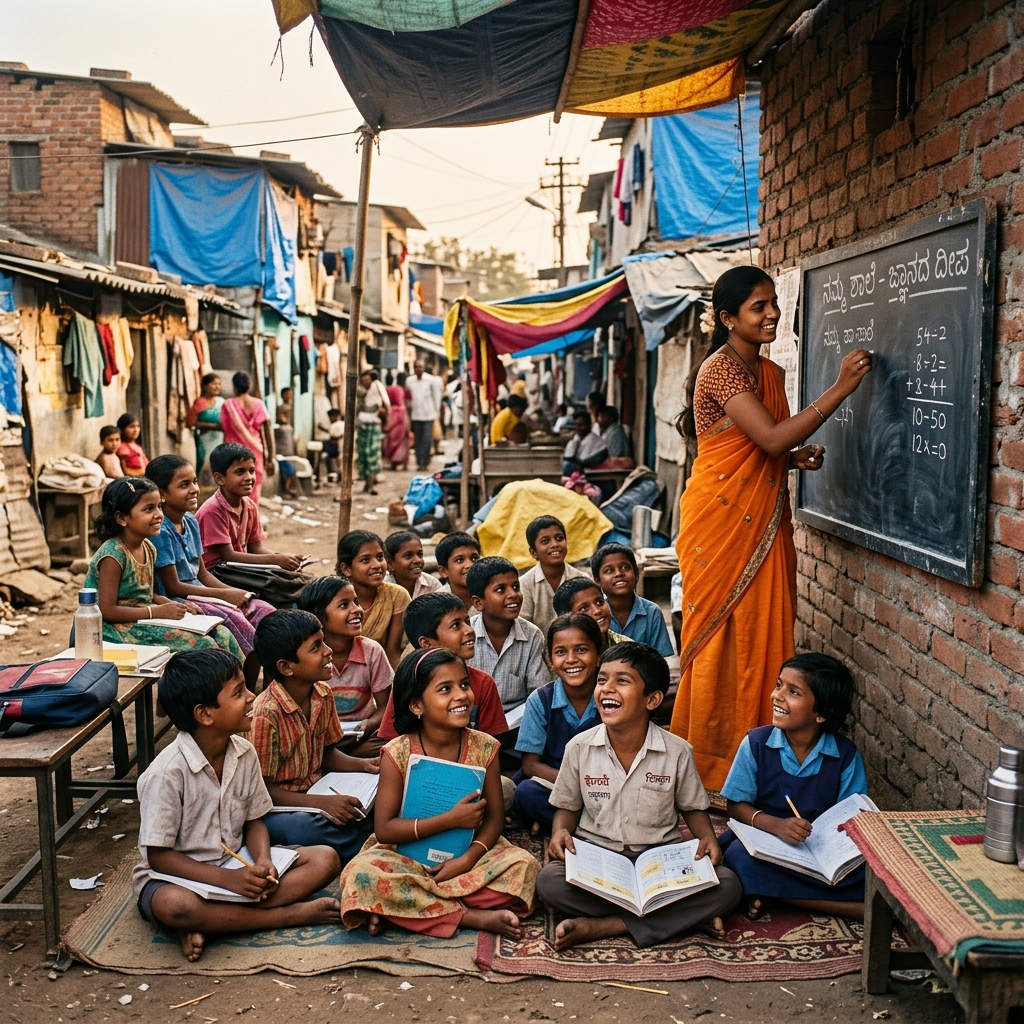 Teacher conducting outdoor classes in urban slum